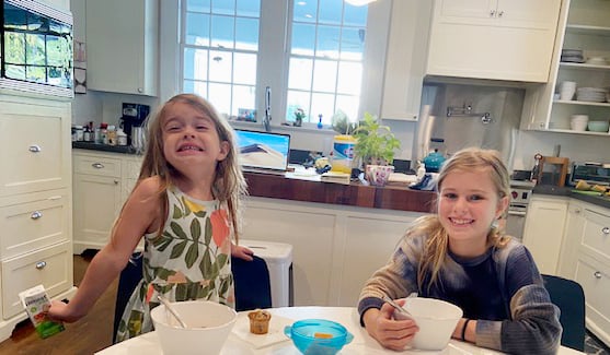 Bomstein girls eating cereal during the 2020 quarantine