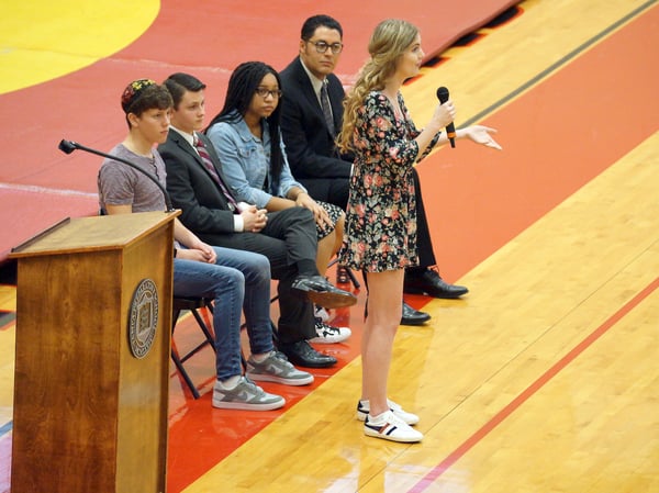 Senior girl winner of declamations addresses student body